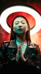 Fototapeta premium Spiritual enlightenment. Cyberpunk girl. Sci-Fi future. Red blue neon light art portrait of hopeful Asian cyborg girl in black jacket praying with white halo in color smoke on dark.