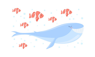 Cute Sea Animals Set, Clown Fishes and Blue Whale Cartoon Vector Illustration