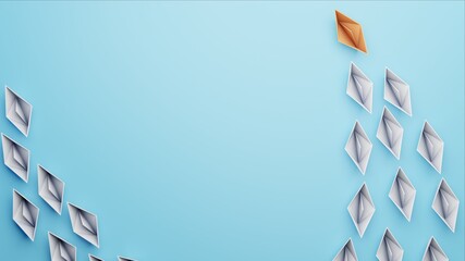 Stand out origami paper boats following a leader on a light blue background with space for text