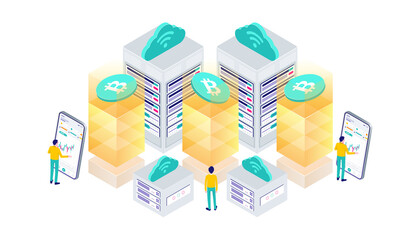Cryptocurrency, bitcoin, blockchain, mining, technology, internet IoT, security, web dashboard isometric 3d flat illustration vector design cpu computer. Suitable for user interface, ui, ux, web, mobi