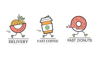 Delivery Service Logo Design Set, Coffee and Donuts Delivery Cartoon Vector Illustration