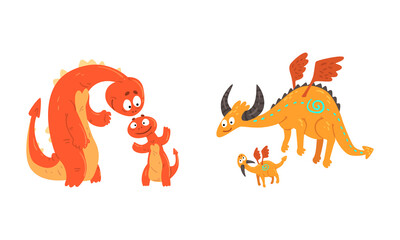 Cute Dragon Families Set, Mom Dinosaur and her Baby Cartoon Vector Illustration
