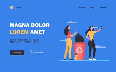 Happy volunteers picking garbage and taking selfie. Women with broom, trash bin, recycling flat vector illustration. Waste reducing, volunteering concept for banner, website design or landing web page