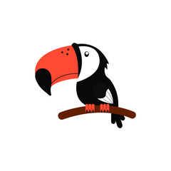 An illustration of a cartoon toucan bird sitting on a branch. Isolated on white. © Galina Pilina