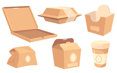 Set of cartoon boxes and containers for food and drinks. Vector illustration. Collection of cardboard packagings for pizza, sushi, burgers, coffee, Chinese and fast food. Product packing, food concept
