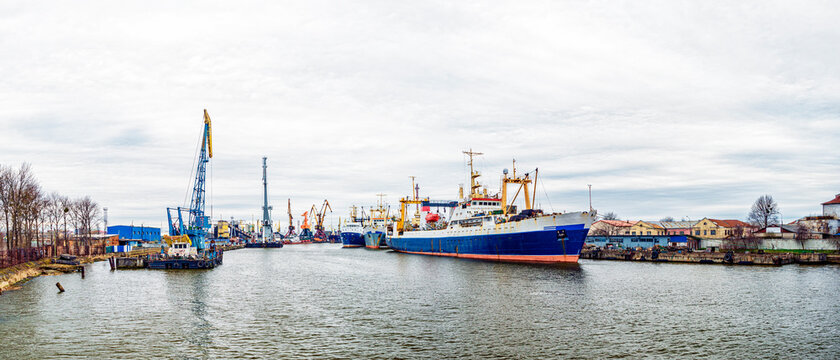 Kaliningrad Port and ships on the Pregolya River in spring