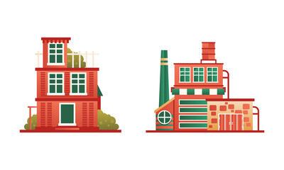 City or Suburban Buildings Set, Brick Residential House and Industrial Building Flat Vector Illustration