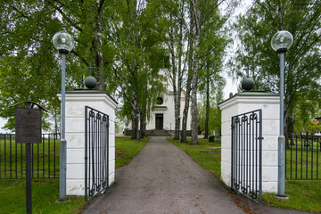 Fagersta, Sweden May 25, 2021 The entrance gate to the  Vastanfors church
