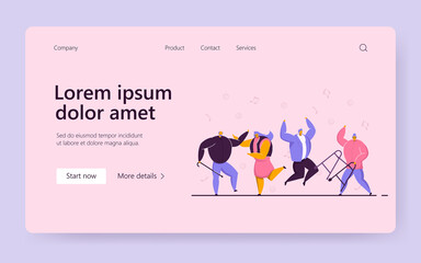 Group of happy old people jumping and dancing. Elders having fun to music, aged men and women at party flat vector illustration. Dance club concept for banner, website design or landing web page