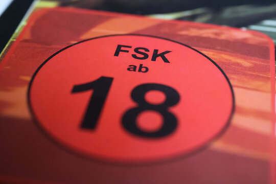 Viersen, Germany - May 9. 2021:  Closeup of isolated german FSK rating logo meaning no release to young persons (released only to age 18 or older).(focus on lower part of letter S)