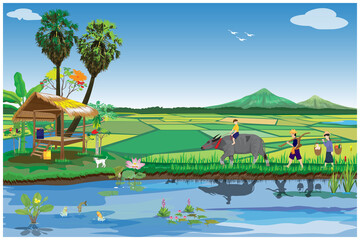 farmer go to paddy field vector design