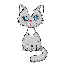 Cute, funny gray cat with blue eyes. Hand drawing style. Isolated white background.
