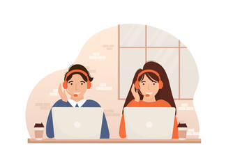 Call center, hotline flat vector illustrations. Smiling office workers with headsets cartoon characters. Character with headphones and microphone with laptop.