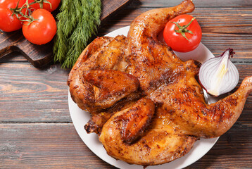 whole baked chicken with herbs, onions and tomatoes  on a dark wooden background top view, delicious food,