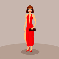 Beautiful young girl in a long dress with a bag. Character on a monochrome background.