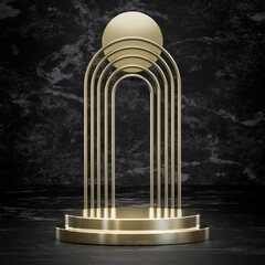 Golden podium stage stand on black marble for product placement 3d render 
