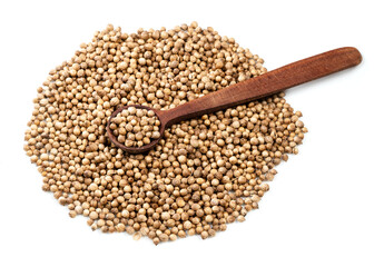 spoon on pile of dried coriander seeds on white