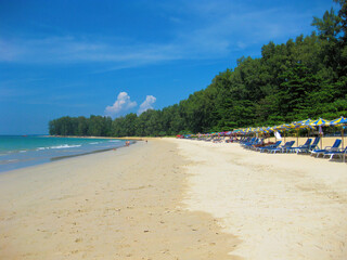 Phuket (nai yang), Thailand - December 9. 2016: View on sand beach with blue sun beds in a row and umbrellas (focus right)