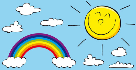 Blauer Himmel mit Regenbogen, Wolken und Sonne