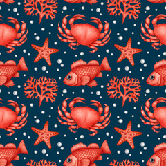 Sea life seamless pattern. Watercolor red Crab, Fish, Starfish and Seaweed. Ocean underwater wildlife animal. Summer Seafood. Hand drawn Marine background for print fabric, textile, menu, packaging