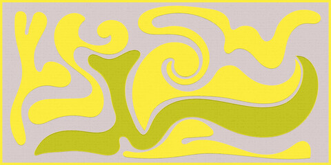 Trendy abstract background. Yellow wavy textured lines on gray canvas in vector. Painting, decor element in the interior 