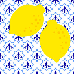 Lemon pattern. Citrus fruit on ceramic tile pattern made in Mediterranean style inspired by Portuguese, Sicilian and Spanish tile traditional design. Vector seamless  background.