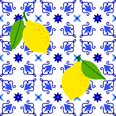 Lemon pattern. Citrus fruit on ceramic tile pattern made in Mediterranean style inspired by Portuguese, Sicilian and Spanish tile traditional design. Vector seamless  background.