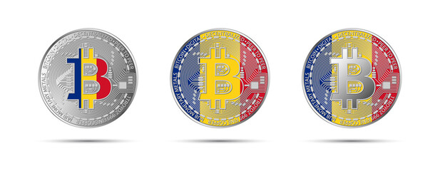Three Bitcoin crypto coins with the flag of Romania. Money of the future. Modern cryptocurrency vector illustration