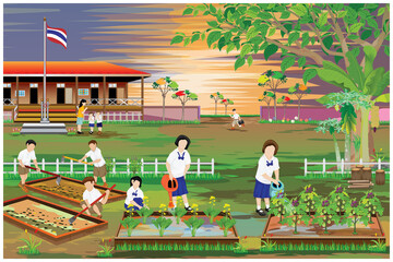 Thailand students plant vegetable in front of school building vector design
