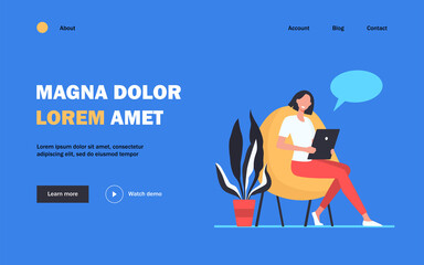 Woman using tablet for online chat at home. Speech bubble, digital device, gadget flat vector illustration. Communication, video call concept for banner, website design or landing web page