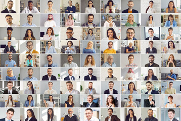 Collage of happy multicultural business people. Human face database. A collection of portraits of...