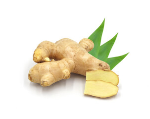Fresh ginger with leaves isolated on white background