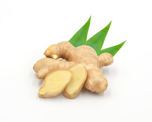 Fresh ginger with leaves isolated on white background