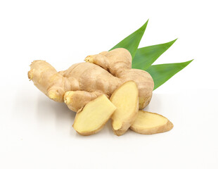 Fresh ginger with leaves isolated on white background