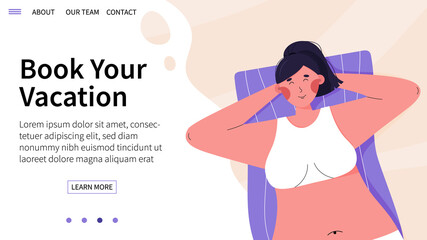 Vector landing page with woman laying on the beach. Concept of traveling, booking hotel, vacation.