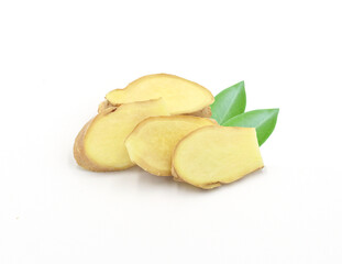 Fresh ginger with leaves isolated on white background