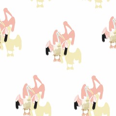 Fototapeta premium Pelican bird floral seamless pattern on white background. Exotic jungle bird wallpaper.