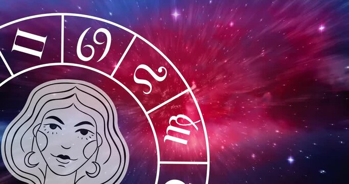 Animation of virgo star sign symbol in spinning horoscope wheel over glowing stars