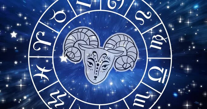 Animation of aries star sign symbol in spinning horoscope wheel over glowing stars
