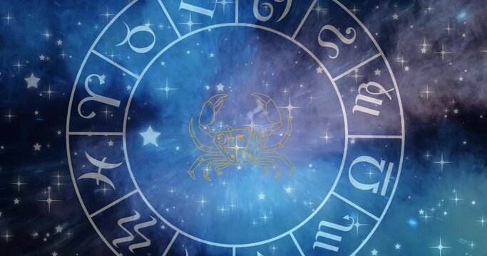Animation of cancer star sign symbol in spinning horoscope wheel over glowing stars