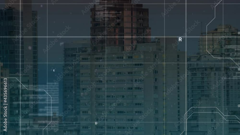Poster animation of data processing over grid and cityscape