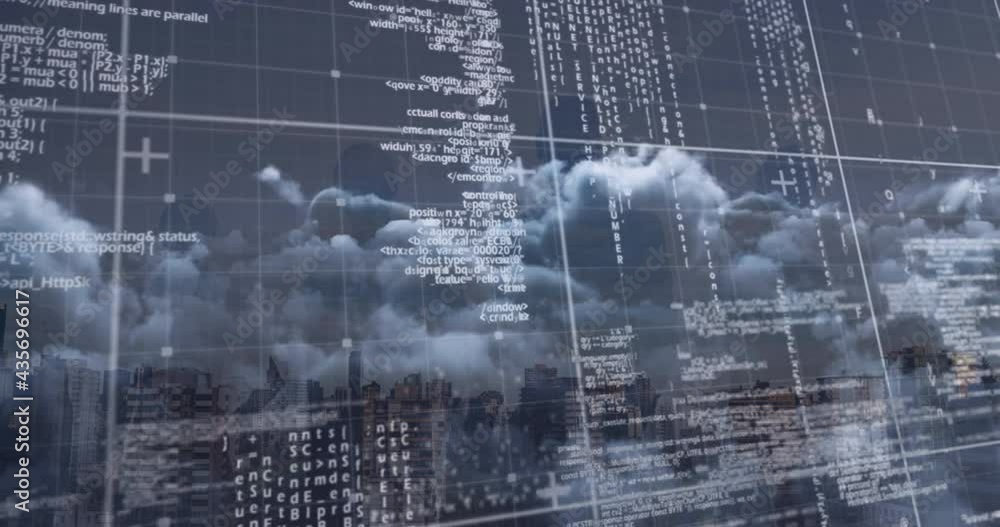 Poster animation of data processing over cityscape background