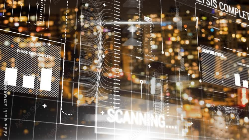 Poster animation of data processing over cityscape background