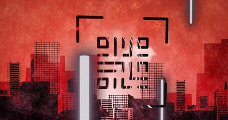 Animation of qr code over red cityscape background - Powered by Adobe