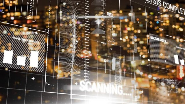 Animation of data processing over cityscape background