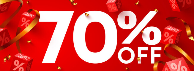 70 percent Off. Discount creative composition. 3d mega sale symbol with decorative objects. Sale banner and poster.
