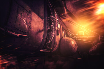 Marine takes aim at a rifle scope from a flying helicopter. Battlefield style. The concept of...