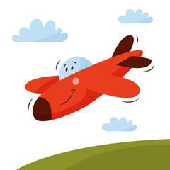 A cute red airplane is flying in the clouds. Illustration for children. 