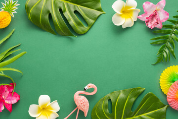 Exotic jungle summer frame. Summer beach party concept. Pink flamingo, tropical leaf monstera and...