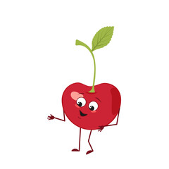 Cute cherry character with joy emotions, smiling face, happy eyes, arms and legs. A mischievous vitamin berry hero with eyes